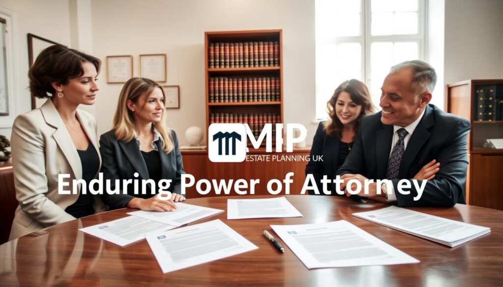 A professional setting showcasing the importance of registering an Enduring Power of Attorney, with an elegantly designed office in the background. In the foreground, a diverse group of three individuals—two women and one man—dressed in professional business attire, engage in a serious discussion around a table laden with legal documents and a pen. The middle ground features a well-organized bookshelf filled with law books and certificates, reflecting knowledge and trust. Soft, natural sunlight streams in from a large window, creating a warm and inviting atmosphere. The camera angle should be slightly overhead to capture both the group and the documents clearly, ensuring a focused, insightful mood. The logo "MP Estate Planning UK" subtly integrated into the table setting to emphasize professionalism and authority in estate planning.