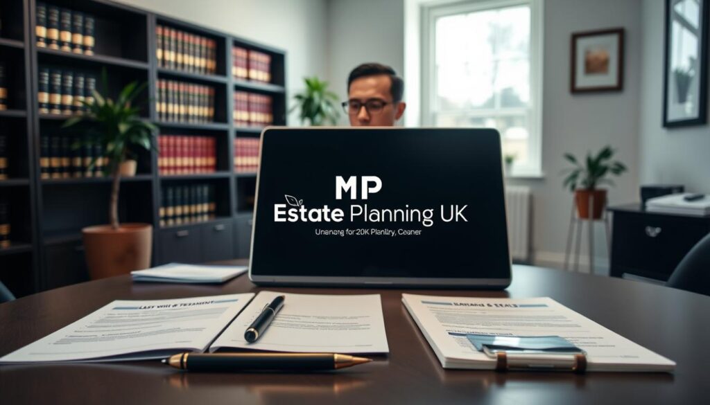 A professional, sleek workspace featuring a modern desk with a high-quality laptop open to a UK will registry search interface. In the foreground, a pair of neatly organized documents labeled "Last Will & Testament" and "Standing Search Details", alongside a pen and a notepad. The middle ground showcases a well-dressed individual in professional business attire, seated at the desk, looking thoughtfully at the screen. The background displays a softly lit office environment, with shelves of legal books and a potted plant, conveying an atmosphere of diligence and trust. Natural light streams through a window, creating a warm, inviting ambiance. The brand logo "MP Estate Planning UK" subtly integrated into the scene.