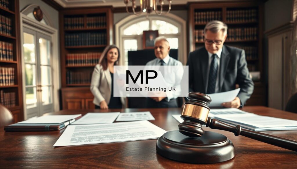 A professional, well-organized executor stands at a wooden table covered with legal documents and property sale documents, carefully reviewing them. In the foreground, a gavel symbolizes authority and the legal aspect of the sale process. In the middle ground, a diverse group of beneficiaries — a middle-aged woman and an elderly man — appear engaged in a respectful discussion, dressed in smart casual attire, representing collaboration. The background features an elegant office environment with shelves of law books and a large window that allows soft, natural light to illuminate the scene, creating a sense of transparency and fairness. The atmosphere is serious yet amicable, highlighting the collaborative nature of the executor’s role while maintaining professionalism. The branding "MP Estate Planning UK" subtly appears on a document.
