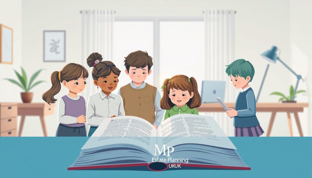 A serene and informative illustration representing the priority of children in the UK intestacy rules. In the foreground, portray a diverse group of well-dressed children, aged between 8 to 15, attentively looking at a large, open book that symbolizes legal documents. The middle layer features a soft-focus, modern office setting with a wooden desk, a laptop, and a small potted plant, highlighting a sense of professionalism and warmth. In the background, a translucent window lets in gentle sunlight, creating a calm atmosphere. The color palette should be soothing, with pastel blues and greens predominating. The image should evoke feelings of hope and clarity in understanding legal family matters, with the branding "MP Estate Planning UK" subtly integrated into the decor of the room.