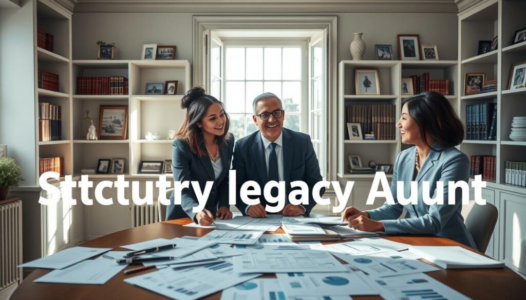 A serene and informative scene depicting the concept of the statutory legacy amount in the UK. In the foreground, a diverse group of three professionals in smart business attire are engaged in a focused discussion around a table scattered with legal documents and financial graphs. The middle ground features a large, open window allowing natural light to flood in, casting soft shadows that create a warm atmosphere. In the background, shelves filled with legal books and framed photographs represent family and legacy, underlining the importance of inheritance law. The color palette should be calming, using blues and greens to evoke trust and stability. The overall mood is collaborative and educational, conveying a sense of professionalism and clarity, emblematic of the brand "MP Estate Planning UK".