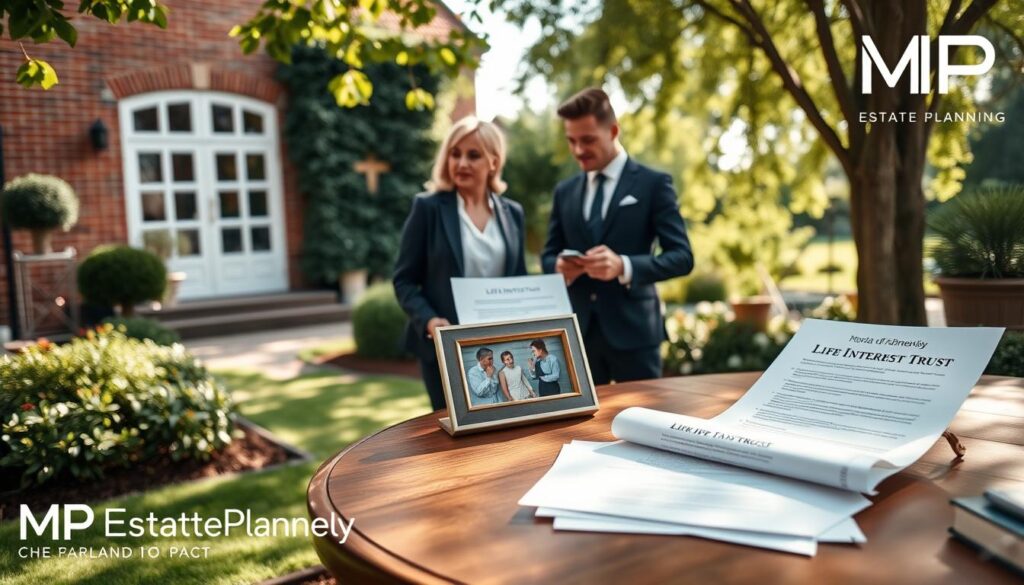A serene and inviting family home in the UK, featuring a charming brick facade with well-manicured gardens. In the foreground, a stylish wooden table is adorned with documents symbolizing a Life Interest Trust, beautifully arranged beside a family photo. In the middle ground, a professional couple is discussing these documents, dressed in business attire, showcasing a friendly yet serious consultation atmosphere. The background includes trees softly swaying in a gentle breeze, with sunlight filtering through the leaves, casting dappled light on the scene. A subtle atmosphere of protection and security envelops the image, aligning with themes of safeguarding family assets. Branding of "MP Estate Planning UK" is subtly integrated into the overall composition.