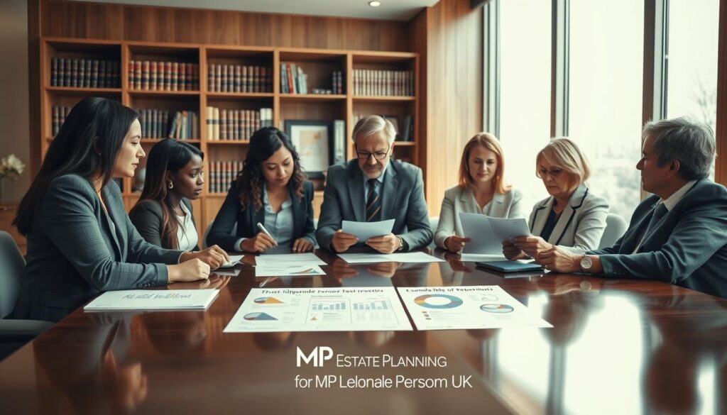 A serene and inviting office space, styled with warm wood tones and soft, natural light filtering through large windows. In the foreground, a group of diverse individuals, dressed in professional business attire, are engaged in a collaborative discussion around a polished conference table, reviewing documents related to trust benefits. The expression of focus and trust is evident on their faces. In the middle ground, a well-organized display of visual materials, such as charts and graphs highlighting the advantages of Vulnerable Person Trusts, adds context to the scene. The background features a beautifully curated bookshelf filled with law books and resources about estate planning. A subtle sense of hope and security permeates the atmosphere. The brand logo “MP Estate Planning UK” is subtly integrated into the visual materials on the table.