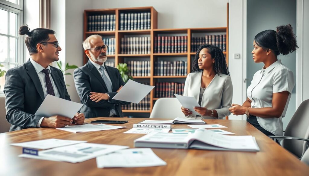 A serene and professional office environment illustrating the executor property sale process in the UK. In the foreground, a diverse group of three professionals (an executor and two beneficiaries) are engaged in thoughtful conversation, dressed in smart business attire. The executor, a middle-aged individual, holds property documents, while one beneficiary, a young woman, looks on with curiosity. In the middle ground, a large wooden conference table is scattered with paperwork, including charts and legal texts, symbolizing the communication required between parties. The background features a soft-focus bookshelf lined with legal books and a window with natural light streaming in. The atmosphere is calm and collaborative, emphasizing integrity and transparency in the process, with a modern, clean aesthetic. Include subtle branding elements of "MP Estate Planning UK" within the office decor.