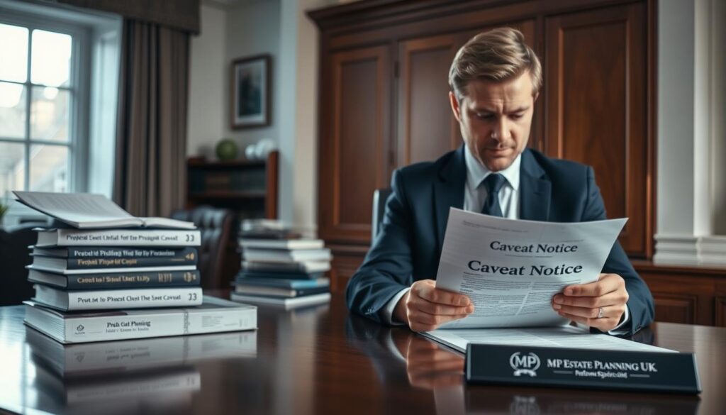 A serene and professional office environment portraying the probate caveat procedure in the UK. In the foreground, a focused legal consultant, dressed in smart business attire, reviews a document titled 'Caveat Notice' on a polished mahogany desk. In the middle ground, stacks of legal books about probate law and a laptop with open legal software emphasize the complexity of the process. The background features a window with soft natural light illuminating the space, creating a calm and reassuring atmosphere. A subtle detail, like a small logo reading "MP Estate Planning UK" displayed on a desk nameplate, adds a branding element. The overall mood is informative and professional, conveying the seriousness of the topic while remaining approachable.