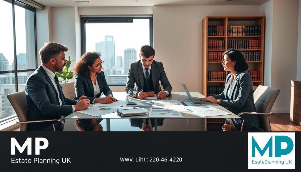 A serene and professional office setting, capturing the essence of inheritance tax planning in the UK. In the foreground, a diverse group of three professionals in smart business attire are engaged in a focused discussion around a sleek conference table, with charts and financial documents spread out before them, symbolizing the complexities of inheritance tax. The middle layer showcases a large window with natural daylight streaming in, illuminating the room and casting soft shadows, while a bookshelf filled with legal and financial texts adds depth. In the background, a modern cityscape is visible through the window, representing the broader financial landscape. The mood is one of seriousness and determination, emphasizing the importance of careful planning. Branding for "MP Estate Planning UK" can be subtly integrated into the room's decor, ensuring a cohesive look and professional atmosphere.