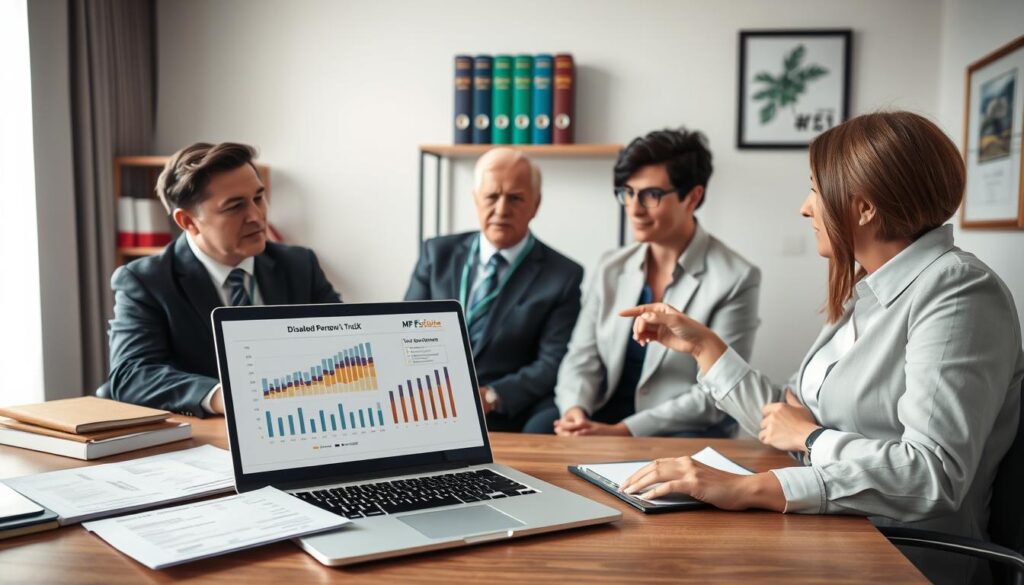 A serene and professional office setting featuring a well-organized desk with financial documents and a laptop displaying graphs about funding a Disabled Person’s Trust in the UK. In the foreground, a diverse group of individuals (two men and one woman) in professional business attire are engaged in a discussion, with one person pointing at the laptop, reflecting collaboration and understanding. The middle ground includes a shelf with legal books and colorful binders labeled "Trusts" and "Tax Benefits." The background shows a large window with soft natural light streaming in, creating a welcoming atmosphere. The mood is supportive and informative, emphasizing trust and planning. Incorporate the brand name "MP Estate Planning UK" subtly into a framed certificate on the wall.