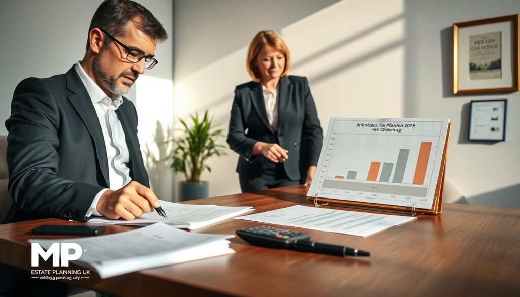 A serene and professional office setting for inheritance tax planning, featuring a wooden desk with neatly stacked documents, a calculator, and an elegant pen. In the foreground, a businessman in a smart suit is reviewing papers, looking thoughtful and engaged. A middle-aged woman in professional attire stands nearby, pointing to a chart on the desk that illustrates tax strategies, conveying an atmosphere of collaboration. The background reveals a large window with soft natural light, casting gentle shadows that enhance the mood of productivity and focus. Extra details include a plant in the corner and a framed certificate on the wall, subtly showcasing credibility. Ensure the branding “MP Estate Planning UK” is visually integrated into the scene.