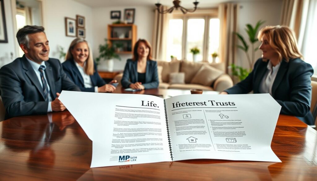 A serene and professional setting depicting a life interest trust in action. In the foreground, a family seated at a polished wooden table, dressed in smart, business attire, engaged in a discussion. The middle ground features an elegantly crafted, open estate planning document with clear diagrams illustrating how life interest trusts function. In the background, a cozy living room with a tasteful arrangement of family photos and plants, symbolizing home and security. Soft, natural lighting from a nearby window casts a warm glow, enhancing the atmosphere of trust and stability. The image subtly includes the logo of "MP Estate Planning UK" as part of the document. The overall mood is reassuring and informative, focusing on family protection and future planning.