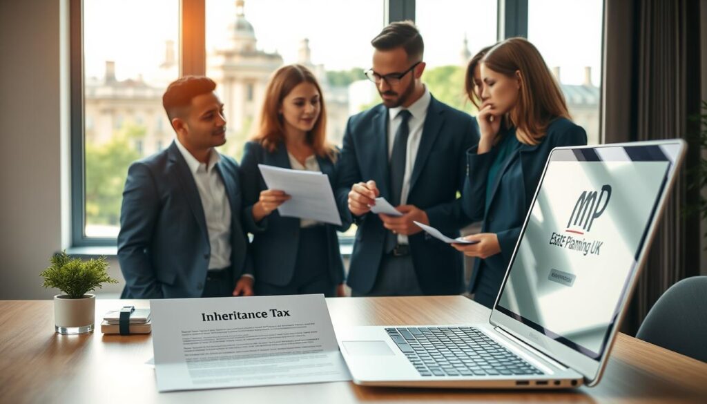 A serene and professional workspace depicting "Inheritance Tax Basics in the UK". In the foreground, a well-organized desk with a modern laptop, a legal document labeled 'Inheritance Tax' open, accompanied by a small, decorative plant. The middle ground features a diverse group of three professionals in smart business attire engaged in a discussion, one pointing at the document, while another takes notes. In the background, a large window reveals a sunny British cityscape with historic buildings and greenery, creating an uplifting atmosphere. Soft, natural lighting highlights the scene, enhancing focus on the interactions. The overall mood is informative and collaborative. Include a discreet, stylized logo of "MP Estate Planning UK" on the laptop screen.