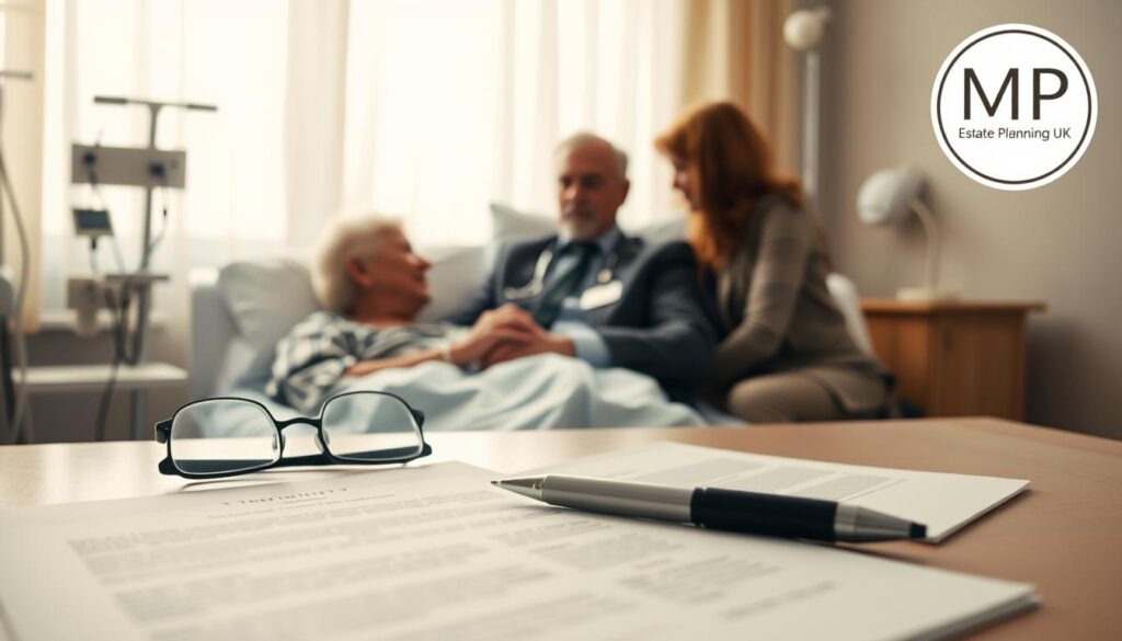 A serene and reflective scene depicting the importance of documentation for deathbed gifts. In the foreground, an elegantly arranged table with a will and other legal documents in focus, surrounded by a pair of reading glasses and a pen, suggesting careful consideration. In the middle ground, a pensive elderly person in professional attire, sitting in a hospital bed, holding the hand of a younger family member—both appear deep in conversation. The background features soft, warm lighting, creating a calm and supportive atmosphere, with medical equipment subtly placed to indicate the setting. A gentle window light filtering through sheer curtains adds to the peaceful mood. To the right, a tasteful logo for MP Estate Planning UK is subtly incorporated, signifying professional guidance.