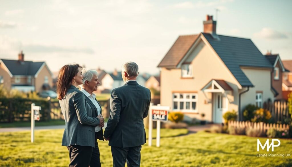 A serene and thoughtful image illustrating the concept of "downsizing addition" in the context of property and inheritance. In the foreground, a professionally dressed couple, appearing contemplative as they discuss their housing options, stand near a charming, modest home with a "For Sale" sign in the front yard. The middle ground features the couple's old, larger home being prepared for sale, subtly contrasted with the simpler, inviting new home. In the background, a picturesque neighborhood is visible, showcasing various sizes of homes, symbolizing the concept of downsizing. Soft afternoon lighting casts warm shadows, creating an inviting yet reflective mood. The scene should convey a sense of decision-making and planning for the future, integrating the brand "MP Estate Planning UK" subtly into the environment.