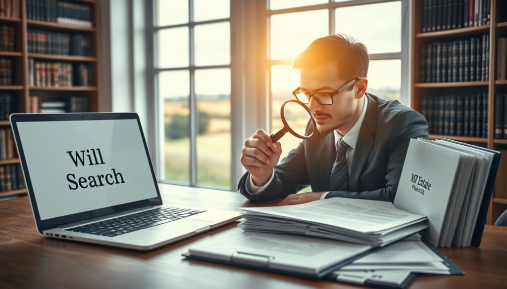A serene office environment bathed in soft, natural light, featuring a wooden desk with a laptop open to a document titled "Will Search." In the foreground, a focused individual, dressed in smart business attire, uses a magnifying glass to closely examine a pile of legal papers and documents. The middle ground includes shelves lined with law books and case files, symbolizing meticulous attention to detail in the search process. In the background, a large window reveals a picturesque view of the English countryside, enhancing the atmosphere of diligence and pursuit. The mood is professional and academic. The branding "MP Estate Planning UK" subtly appears on a folder on the desk, maintaining visual coherence with the subject matter.