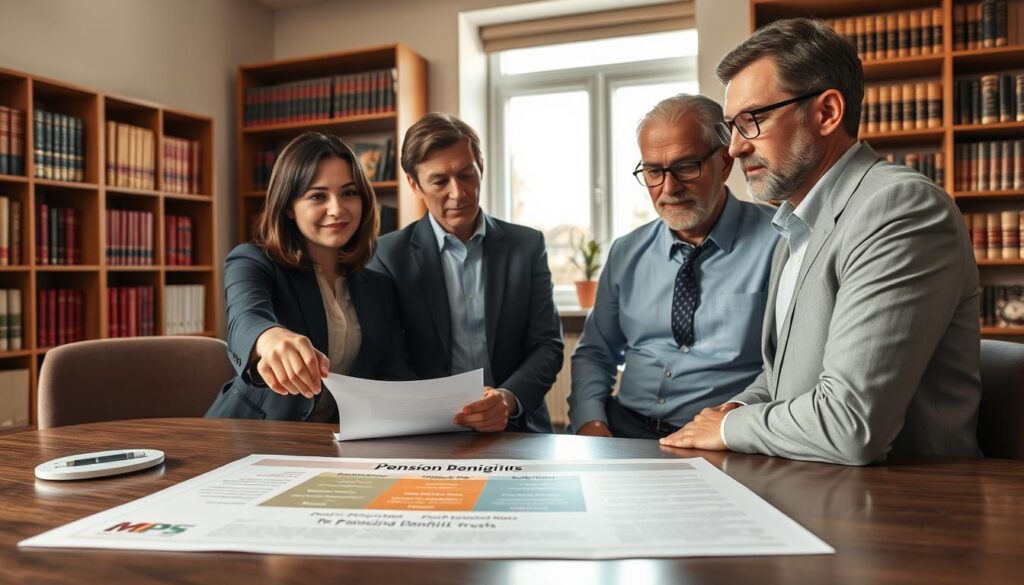 A serene office environment depicting a diverse team of financial advisors engaged in a discussion about estate planning and pension benefits. In the foreground, a professional woman in business attire is pointing to a document on the table, while a middle-aged man in glasses is taking notes. The middle-ground features a large window with natural light streaming in, illuminating a detailed chart outlining pension benefits and trusts. In the background, shelves filled with books on finance and law emphasize the serious nature of the topic. The mood is focused and collaborative, conveying professionalism. Use a soft focus lens to enhance the depth, with warm lighting to create an inviting atmosphere. Incorporate the brand name "MP Estate Planning UK" subtly into the design of documents on the table.