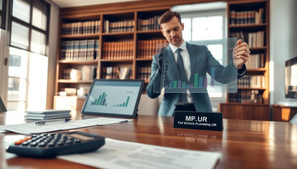 A serene office environment, depicting a polished wooden desk with financial documents and a calculator in the foreground, symbolizing meticulous planning. In the middle ground, a well-dressed business professional, in a tailored suit, gestures towards a large, transparent tablet displaying charts related to trusts and loans. The background features a soft-focus bookshelf filled with legal and financial books, creating a scholarly atmosphere. Warm, natural lighting filters through large windows, casting gentle shadows that enhance the inviting mood. The overall tone should convey sophistication and clarity, emphasizing the benefits of loans to trusts in estate planning. Include the brand name "MP Estate Planning UK" in the design elements of the desk.