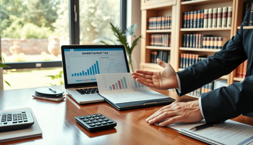 A serene office environment depicting a professional setting focused on inheritance tax planning. In the foreground, a polished wooden desk is adorned with neatly organized documents, a calculator, and a laptop displaying graphs related to financial planning. A pair of hands, dressed in a smart business attire, are gesturing towards a well-structured chart, symbolizing the complexity of inheritance tax strategies. In the middle ground, a large window allows natural light to flood the space, offering a view of a lush garden outside, representing growth and continuity. In the background, shelves filled with books on finance and law convey a sense of expertise and knowledge. The overall mood is one of professionalism and clarity, reflecting the importance of inheritance tax planning. Add the brand name "MP Estate Planning UK" subtly integrated into the desk setup.