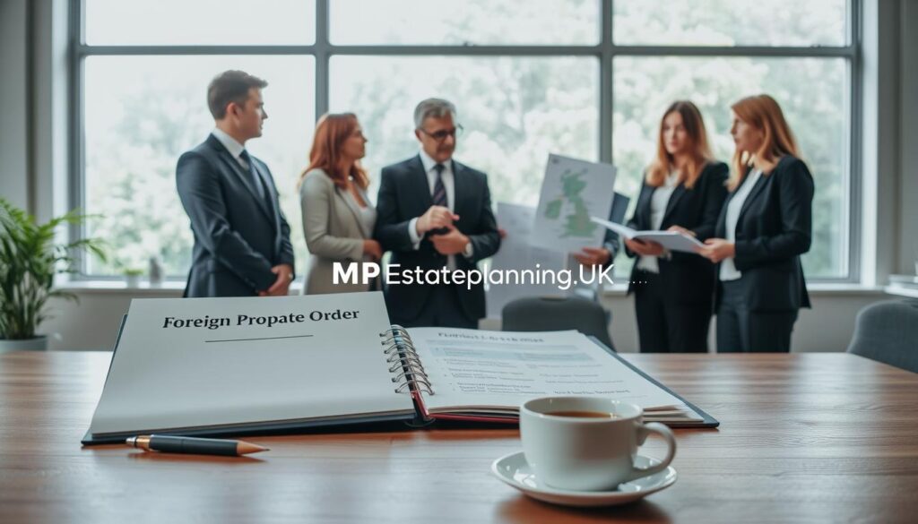 A serene office environment depicting a professional setting for legal work. In the foreground, a well-organized desk with a wooden finish, featuring an open folder labeled "Foreign Probate Order," a pen, and a cup of coffee. In the middle, a formal, diverse group of lawyers in business attire are engaged in conversation, examining documents. One lawyer is pointing at a map of the UK, illustrating the locations for applying for resealing. In the background, large windows let in soft, natural light, creating a calm atmosphere with hints of greenery outside. There is a focus on professionalism and collaboration, capturing the spirit of legal expertise. The brand name "MP Estate Planning UK" subtly included on a document on the desk, enhancing the image's context without overwhelming it.
