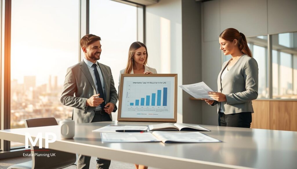 A serene office environment depicting the concept of inheritance tax on life cover in the UK. In the foreground, a well-dressed financial advisor and a couple in professional attire are discussing documents, with focused expressions. In the middle ground, there are clear representations of life insurance policies on a sleek desk and a framed chart illustrating tax implications, symbolizing trusts in estate planning. The background features a large window with soft natural light streaming in, revealing a cityscape that suggests a professional atmosphere. The overall mood is informative yet reassuring, emphasizing the importance of planning in a modern financial landscape. Include the brand name "MP Estate Planning UK" subtly in the design elements.
