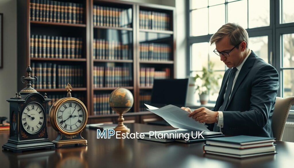 A serene office environment featuring a well-organized desk with historical artifacts, such as an ornate clock and a decorative globe, representing heritage assets. In the foreground, a professional wearing business attire examines documents closely, embodying diligence in compliance with regulations. The middle layer showcases a detailed bookshelf filled with law books related to heritage preservation. The background features a large window that lets in soft, natural light, casting gentle shadows across the room. The atmosphere is calm and focused, suggesting a dedication to maintaining the integrity of heritage assets. Include the logo of "MP Estate Planning UK" subtly displayed on the desk, enhancing the professionalism of the scene.