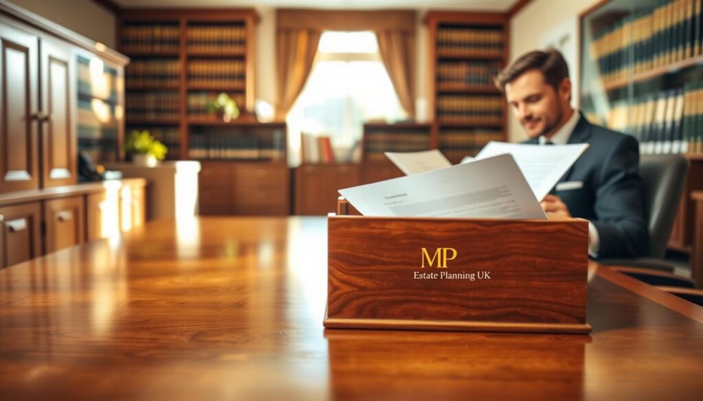 A serene office environment illustrating the "Resealing Process" for probate applications, with a polished wooden desk at the forefront, displaying an elegant open folder containing legal documents. A professional-looking individual in smart business attire examines these papers closely. The middle ground showcases a soft-focus view of filing cabinets and bookshelves filled with law books, indicating a sense of authority and expertise. In the background, a large window lets in warm, natural light, casting gentle shadows and creating an inviting atmosphere. The color palette is composed of earthy tones, with accents of gold and green, to evoke professionalism and trust. The logo of "MP Estate Planning UK" is subtly integrated into the design of the folder on the desk, enhancing the professional ambiance without overt text.