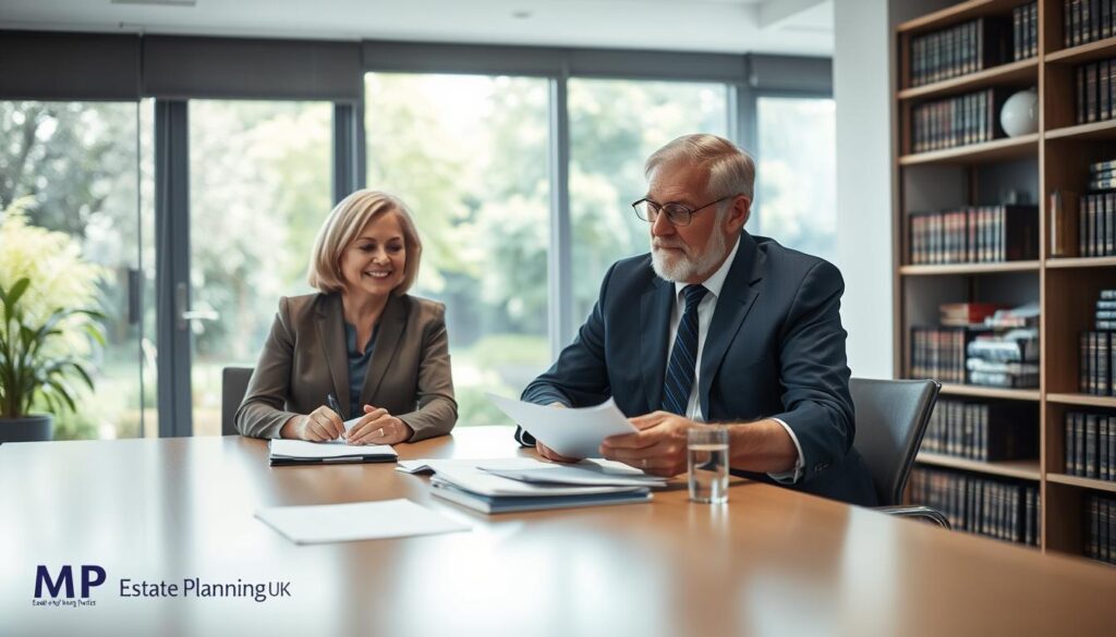 A serene office environment reflecting the concept of Excluded Property Trusts in the UK. In the foreground, a well-dressed middle-aged couple sits at a conference table, discussing financial papers and documents with focused expressions, conveying trust and professionalism. In the middle ground, a modern bookshelf filled with legal books and financial resources, symbolizing knowledge and expertise in estate planning. The background features a large window overlooking a green garden, with soft natural light illuminating the scene, creating an inviting atmosphere. The overall mood is professional and optimistic, emphasizing the benefits of sound financial planning. At the bottom corner, a discreet logo of "MP Estate Planning UK" subtly incorporated into the scene.