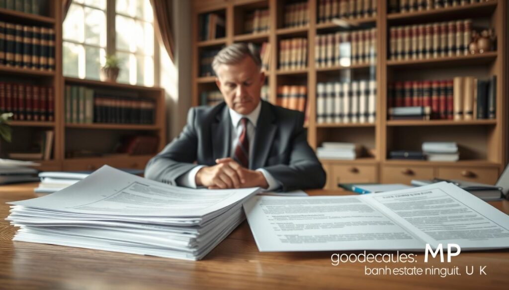 A serene office environment representing the concept of accessing a bank account after death without probate in the UK. In the foreground, depict neatly stacked legal documents and a closed bank statement on a wooden desk, signifying financial matters. In the middle ground, show a professional, middle-aged man dressed in smart business attire, thoughtfully reviewing the documents with a focused expression. In the background, include soft-lit shelves filled with legal books and an elegant window casting gentle sunlight, creating an atmosphere of calm and professionalism. The overall mood should convey clarity and confidence, emphasizing the topic of navigating financial matters efficiently. Incorporate the brand name "MP Estate Planning UK" subtly in the design elements of the office.