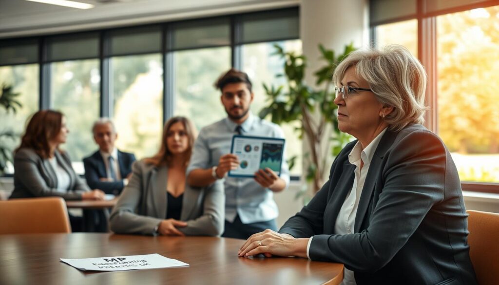 A serene office environment showcasing a diverse group of professionals engaged in a discussion about safeguarding vulnerable adults. In the foreground, a middle-aged woman in professional business attire, looking thoughtful and empathetic, sits at a round table. In the middle ground, a young man in smart casual clothing holds a tablet, demonstrating data related to safeguarding. In the background, a large window floods the room with warm, natural light, highlighting a green park outside, symbolizing hope and safety. The mood is supportive and informative, emphasizing collaboration and respect for rights. On a desk, a discreetly placed document reads "MP Estate Planning UK," grounding the scene in the context of professional safeguarding discussions.