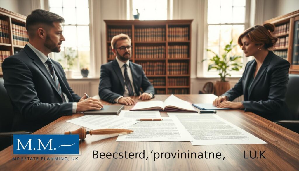 A serene office scene focusing on the concept of UK probate laws. In the foreground, a diverse group of three professionals in smart business attire—two men and one woman—are engaged in a discussion over a large wooden table covered with legal documents, a quill pen, and a seal. The middle ground features a large open window with soft, natural light spilling in, illuminating the intricate details of the legal documents. In the background, a traditional bookcase filled with law books and a potted plant adds warmth to the atmosphere. The overall mood is serious yet collaborative, emphasizing the importance of executors in granting Letters of Administration. Subtle branding for "MP Estate Planning UK" is incorporated into the materials on the table.