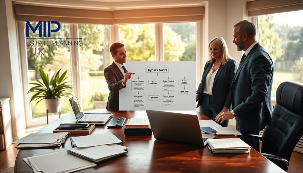 A serene office setting depicting a professional financial advisor, dressed in formal business attire, discussing the concept of bypass trusts with a couple. In the foreground, a beautifully designed wooden desk cluttered with documents, financial reports, and a laptop. The middle layer shows the advisor animatedly pointing to a flowchart outlining the benefits of using bypass trusts for pension death benefits. In the background, large windows with a view of a tranquil garden, allowing natural light to flood the room, creating a warm and inviting atmosphere. Soft shadows enhance the professionalism of the scene. The brand name "MP Estate Planning UK" subtly incorporated into the decor, with no overt branding visible. The mood is insightful and optimistic, focusing on financial security and planning.