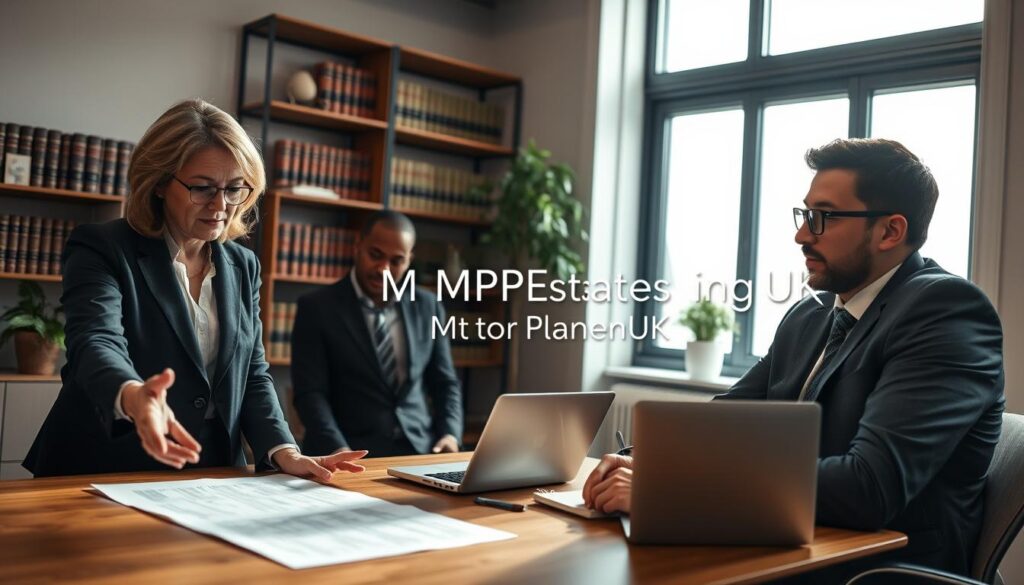 A serene office setting featuring a diverse group of professionals engaged in a discussion about trust law for disabled persons in the UK. In the foreground, a middle-aged woman in professional business attire gestures towards a document on the table, illustrating key points of taxation benefits. Beside her, a young man with glasses, also dressed in smart attire, takes notes on a laptop. In the background, a large window reveals a soft, diffused daylight pouring in, casting a warm glow over the scene. Shelves filled with law books and a potted plant add to the intellectual atmosphere. The scene conveys collaboration and clarity, emphasizing the complexities of trust law. Include the brand name "MP Estate Planning UK" subtly integrated into the background décor.