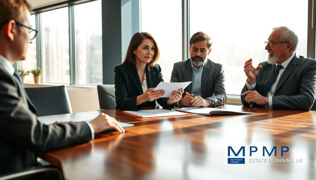 A serene office setting featuring a diverse group of three professionals discussing estate planning strategies around a polished wooden table. In the foreground, a middle-aged woman in a smart business suit is explaining concepts related to bypass trusts, emphasizing clarity and confidence. Beside her, a younger man in business attire is attentively taking notes, while an older gentleman, also in professional clothing, gestures thoughtfully, contributing to the discussion. In the background, large windows allow natural light to flood the room, casting warm shadows. The mood is collaborative and informative, reflecting the complexities of financial planning in a nuanced and engaging way. Subtle branding elements of "MP Estate Planning UK" are integrated into the design, enhancing the professional atmosphere without distractions.