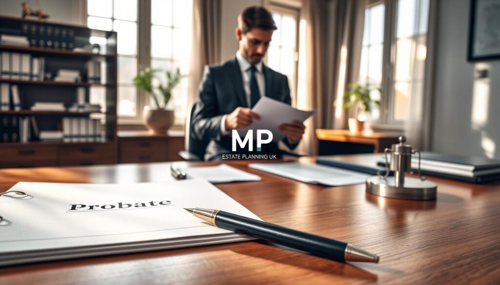 A serene office setting representing the probate process in the UK, focusing on the small estate threshold in 2025. In the foreground, a polished wooden desk with a closed legal document file labeled ‘Probate’ and an elegant pen, symbolizing careful planning. The middle section features a well-dressed professional in smart business attire, analyzing financial statements and documents. In the background, soft sunlight filters through large windows with contemporary curtains, illuminating a bookshelf filled with legal books and a small potted plant adding a touch of life. The atmosphere is calm and focused, evoking a sense of trust and clarity. The logo “MP Estate Planning UK” subtly placed on a desk accessory, emphasizing a professional approach to estate planning.