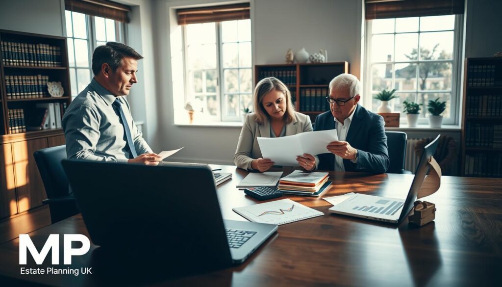 A serene office setting showcasing inheritance tax planning. In the foreground, a professional financial advisor, dressed in business attire, is attentively reviewing documents with a middle-aged couple, who appear engaged and focused. The middle ground features a polished wooden table, stacked with colorful financial folders and a calculator, with an open laptop displaying financial graphs. In the background, large windows let in soft, natural light, enhancing the warm and inviting atmosphere of the room, where a bookshelf filled with law and finance books suggests expertise. Soft shadows create an intimate yet professional ambiance. The overall mood is one of trust and careful consideration, reflecting the importance of effective inheritance tax management. Include the brand name "MP Estate Planning UK" subtly integrated into the scene.