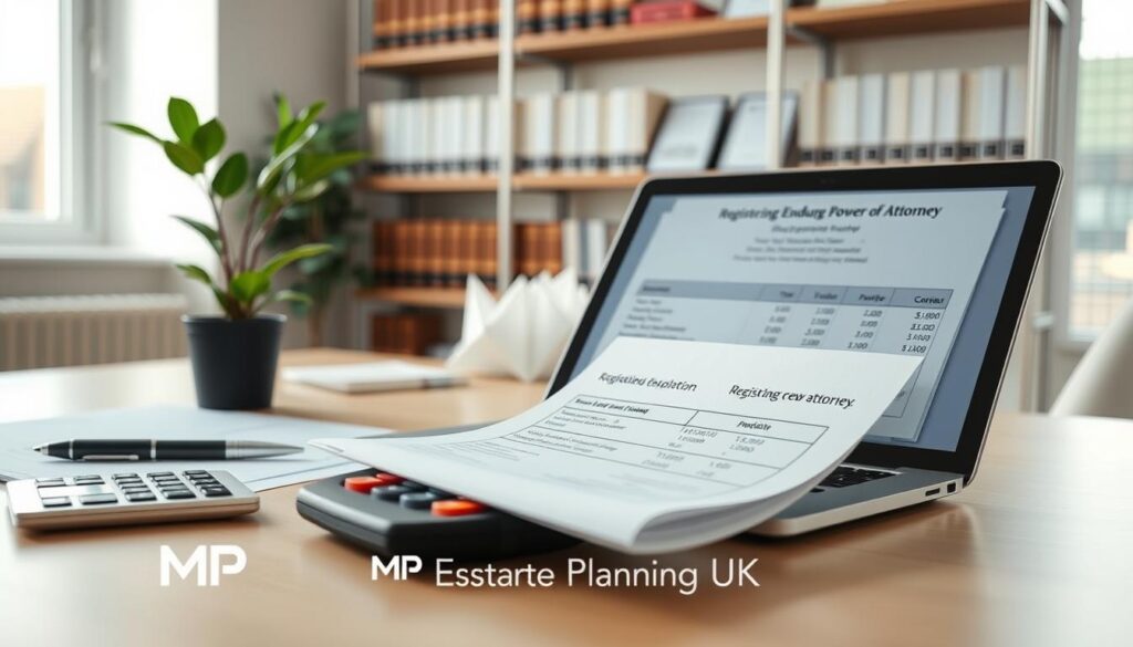 A serene office setting with a modern desk featuring neatly organized paperwork and a calculator, symbolizing the costs associated with registering an Enduring Power of Attorney in the UK. In the foreground, a close-up of a detailed invoice showcasing registration fees, surrounded by a professional pen and a small potted plant for warmth. The middle ground displays a laptop open to a concise financial summary, bathed in soft, natural light coming from a window, creating a calm and focused atmosphere. In the background, shelves lined with legal books and certificates add depth, emphasizing professionalism. The overall mood is one of clarity and responsibility. Include the brand name "MP Estate Planning UK" subtly integrated within the scene.