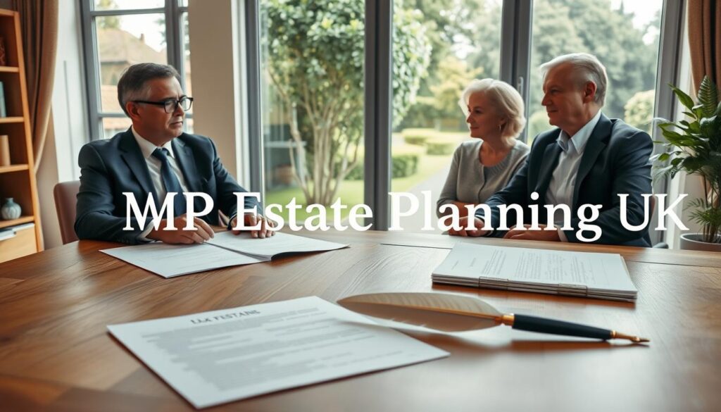 A serene office setting with a wooden desk in the foreground, featuring legal documents and a quill pen, symbolizing estate tax planning. In the middle, an elegant, well-dressed financial advisor, in a sharp suit and glasses, is consulting with a middle-aged couple dressed in smart casual attire. The couple appears engaged and thoughtful. In the background, a large window reveals a peaceful garden, letting in soft, natural light that casts gentle shadows, creating a warm and professional atmosphere. The overall mood reflects careful consideration and trust, with an air of professionalism and clarity. Include the brand name "MP Estate Planning UK" subtly integrated into the desk layout, ensuring no text is visible in the image itself.