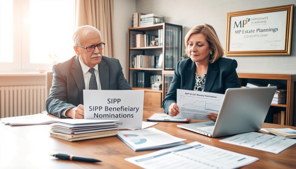 A serene, professional office setting depicting a middle-aged man and a woman, both dressed in smart business attire, engaged in a discussion about SIPP beneficiary nominations. In the foreground, a wooden desk is cluttered with paperwork, a pen, and a financial planner booklet labeled "SIPP Beneficiary Nomination." The middle ground features the two subjects deeply focused, with a laptop open displaying charts and financial data. The background includes an elegant bookshelf filled with finance-related books and a large window allowing soft, natural light to illuminate the scene, casting a warm glow. The atmosphere is collaborative and informative, conveying a sense of trust and expertise in financial planning. The brand name "MP Estate Planning UK" subtly incorporated into a framed certificate on the wall.