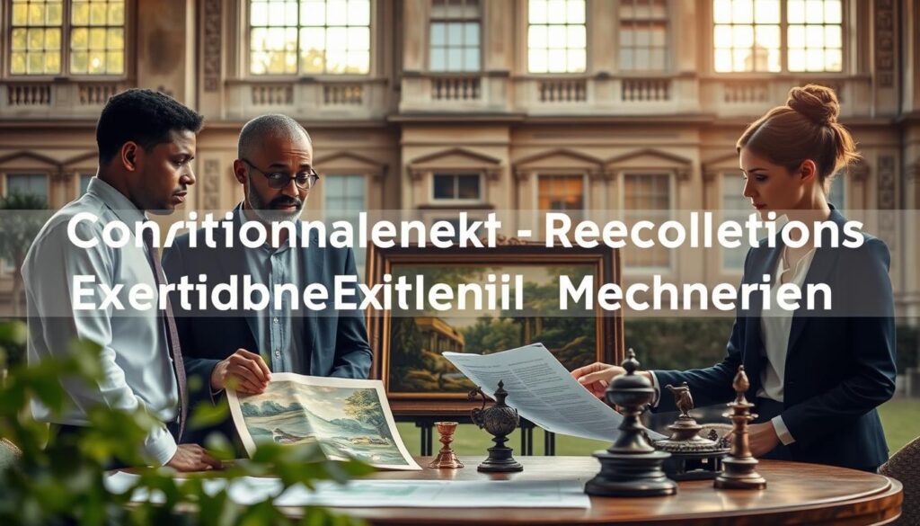 A serene, professional setting depicting the "Conditional Exemption Mechanism" in relation to heritage assets in the UK. In the foreground, a diverse group of two professionals, one male and one female, dressed in smart business attire, are discussing a detailed document showcasing historical artifacts. The middle layer features a table with a lush, green landscape painting and ornate antique objects, symbolizing heritage value. In the background, softly illuminated with warm afternoon light filtering through large windows, a historic building with classical architecture stands, representing the essence of heritage assets. The mood is focused and informative, capturing the essence of financial planning and preservation of cultural heritage, with "MP Estate Planning UK" subtly integrated into the environment.