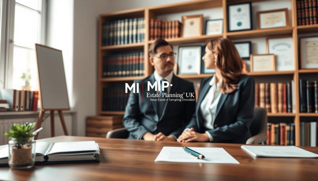 A serene, thoughtfully composed office setting where a professional discussion is taking place between a cohabiting couple, both dressed in smart business attire. The foreground features a wooden desk with legal documents, a pen, and a small plant, symbolizing the theme of cohabitee rights. In the middle, the couple appears engaged in conversation, conveying a sense of concern but also hope. The background showcases shelves filled with legal books and framed certificates, indicating a focus on estate planning. Soft, natural lighting streams in through a window, creating a warm and inviting atmosphere. The overall mood is reflective yet empowering, highlighting the importance of understanding cohabitee rights on death without a will in the UK. Include a subtle presence of the brand name "MP Estate Planning UK" in an elegant manner, ensuring no text is visible in the image itself.