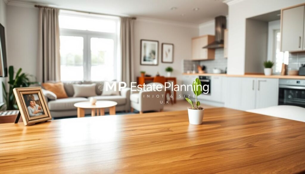A serene, welcoming living space representing the concept of downsizing in the UK. In the foreground, showcase an elegantly designed, polished wooden table adorned with a few carefully selected personal items like a family photo frame and a small potted plant. The middle ground features a cozy seating area with minimalist yet stylish furniture, conveying comfort and simplicity, with a gentle light source illuminating the space from large windows. The background shows a well-organized kitchen area with modern appliances and subtle decor, emphasizing a harmonious and efficient living environment. The overall atmosphere is calm and inviting, reflecting thoughtful decision-making in estate planning. Include the brand name "MP Estate Planning UK" subtly integrated into the decor elements without text, ensuring a professional and polished appearance.