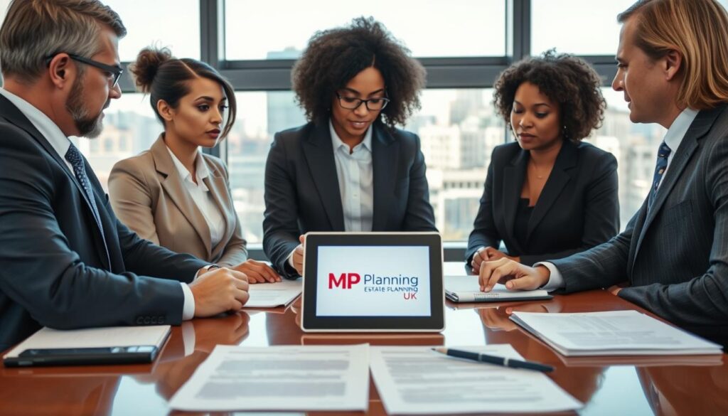 A serious and professional setting depicting the concept of "activating a replacement attorney." In the foreground, a diverse group of three professionals, dressed in formal business attire, are engaged in a thoughtful discussion over legal documents and a laptop. The middle layer includes a polished conference table with legal paperwork and a tablet displaying the organization name "MP Estate Planning UK." In the background, a large window reveals a cityscape, bathed in natural daylight that creates a bright, inviting atmosphere. The camera angle is slightly high, capturing the intensity and diligence of the conversation while maintaining a sense of professionalism and urgency. The overall mood conveys trust, responsibility, and the importance of legal representation. No text or logos are visible in the image.