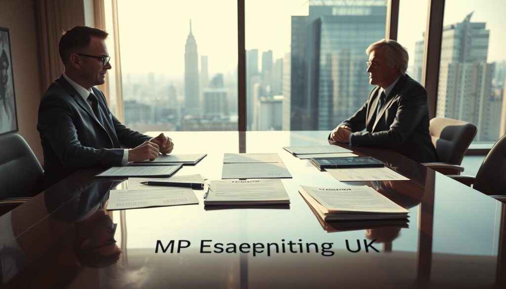 A solemn and professional scene depicting an executive meeting in a stylish office setting. In the foreground, a well-dressed executor in formal business attire is intently discussing probate property sale rules with a financial advisor, both appearing engaged and focused. The middle ground features a large, elegantly polished table filled with paperwork, representing legal documents and estate planning materials. In the background, a large window reveals an urban city skyline, bathed in soft natural light that creates a warm and inviting atmosphere. The lighting emphasizes the seriousness of the discussion while maintaining a sense of professionalism. The environment conveys a sense of trust and expertise, aligning with the theme of seeking professional advice. Include the brand name "MP Estate Planning UK" subtly as part of the document design on the table.