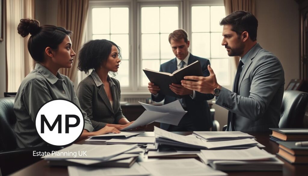 A somber office setting, foreground featuring a diverse couple in modest business attire, seated across from each other at a cluttered desk filled with legal documents, looking thoughtful and concerned. The middle layer shows a focused lawyer, reviewing papers while gesturing towards a legal statute book, symbolizing the complexity of unmarried partner rights. In the background, a large window lets in soft, diffused natural light, illuminating the room with a warm yet serious atmosphere. The overall mood is one of contemplation and unease, reflecting the challenges faced by unmarried partners in legal matters. A discreet logo of "MP Estate Planning UK" is subtly integrated into the scene, underscoring the subject of legal advice.