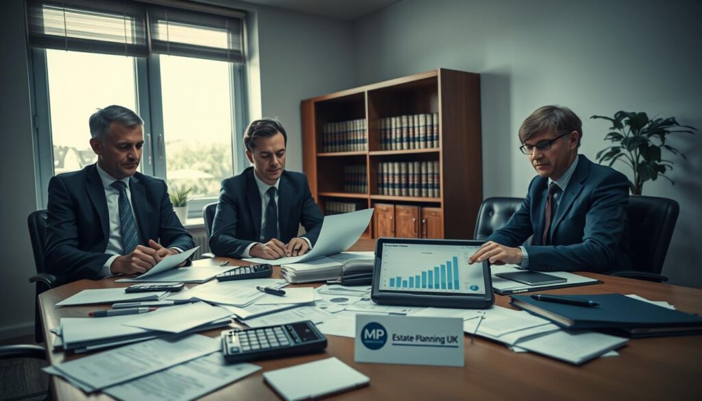A somber office setting illustrating the theme of late inheritance tax payment. In the foreground, a diverse group of three professionals—two men and one woman—dressed in smart business attire, are engaged in a serious discussion over a cluttered conference table filled with tax documents, calculators, and a digital tablet displaying graphs. The middle ground features a large window letting in natural daylight, casting soft shadows across the room, while a subtle aura of tension and urgency permeates the atmosphere. The background shows a bookshelf filled with law books and a potted plant, contributing to a professional environment. The overall mood conveys the seriousness of addressing financial obligations. Include a logo for "MP Estate Planning UK" on a business card visible on the table, but no text otherwise.