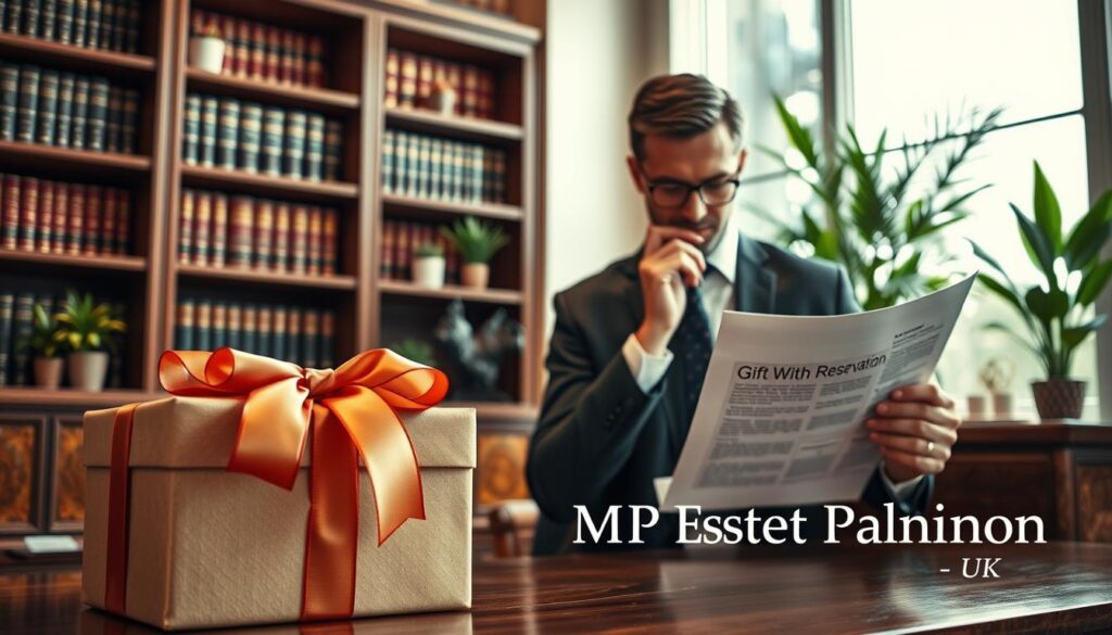 A sophisticated and inviting scene depicting a beautifully wrapped gift box, adorned with a luxurious ribbon, prominently placed in the foreground. Beside the gift, a thoughtful, professional-looking individual (wearing business attire) examines a detailed document regarding "Gift With Reservation." In the middle-ground, a tastefully decorated office environment features wooden shelves filled with legal books and potted plants, conveying an atmosphere of professionalism and trust. The background includes soft, natural light filtering through a large window, adding warmth and clarity to the scene. The overall mood is one of contemplation and serious planning, highlighting the importance of understanding financial gifts. Incorporate the brand name "MP Estate Planning UK" subtly into the office décor.