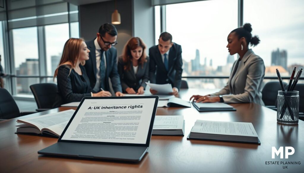 A sophisticated and professional scene depicting a diverse group of individuals in a modern law office setting, engaged in a discussion about inheritance laws. In the foreground, a mixed-gender group of three people, dressed in smart professional business attire, examines legal documents on a large conference table. The middle ground features an open laptop displaying a digital document on UK inheritance rights, alongside law books neatly arranged. In the background, large windows let in soft, natural light, showcasing a city skyline that adds depth and context to the scene. The atmosphere is focused and thoughtful, highlighting the importance of legal precedents and case studies. Ensure the branding "MP Estate Planning UK" is subtly integrated into the decor of the office, perhaps on a wall or a pen holder.