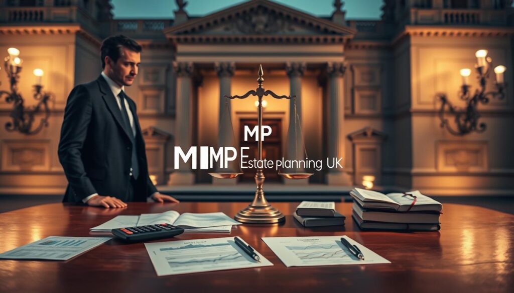 A sophisticated and visually engaging representation of the concept of trust loans and inheritance tax planning within the UK. In the foreground, a professional male and female figure, dressed in business attire, stand beside a polished wooden table covered with legal documents and a calculator, indicating a financial discussion. In the middle ground, an elegant balance scale symbolizes justice and equity, surrounded by financial charts and estate planning books. The background features an architectural element of a grand old courthouse, reflecting the legal framework governing trusts in the UK, bathed in warm ambient lighting that creates an atmosphere of trust and professionalism. The scene conveys a sense of careful planning and strategic financial management. The brand name "MP Estate Planning UK" subtly integrated into the overall design.