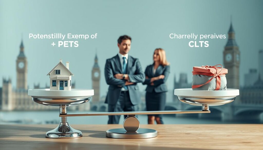 A sophisticated infographic-style image illustrating the differences between Potentially Exempt Transfers (PETs) and Chargeable Lifetime Transfers (CLTs) in the UK. The foreground should feature a balanced scale with clear examples of gifts representing both PETs and CLTs, such as a house and a sizable cash gift, depicted with realistic details. The middle ground should present a professional-looking financial advisor in business attire, standing confidently beside the scale, engaging with a client who appears thoughtful. In the background, subtly incorporate iconic UK landmarks like the Big Ben or Tower Bridge, providing context without overwhelming the focus. Use soft, natural lighting to create an informative yet inviting atmosphere. The overall mood should convey clarity and professionalism, with a color palette of soft blues and greys. Include the brand name "MP Estate Planning UK" subtly integrated into the design without any text overlays.