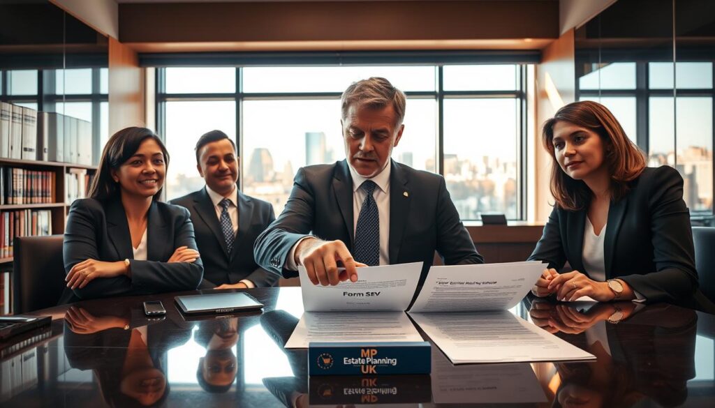 A sophisticated office setting in London, showcasing a diverse group of professionals in smart business attire engaged in a serious discussion about financial planning and asset protection. In the foreground, a focused middle-aged man pointing at a legal document titled 'Form SEV' on a polished table, surrounded by two attentive colleagues. In the middle, a large window with natural light flooding in, revealing a view of the iconic London skyline, symbolizing stability and security. The background features bookshelves filled with legal and financial texts, enhancing the professional atmosphere. The color palette is warm and inviting, with soft shadows. Branding for “MP Estate Planning UK” subtly incorporated on a brochure on the table.