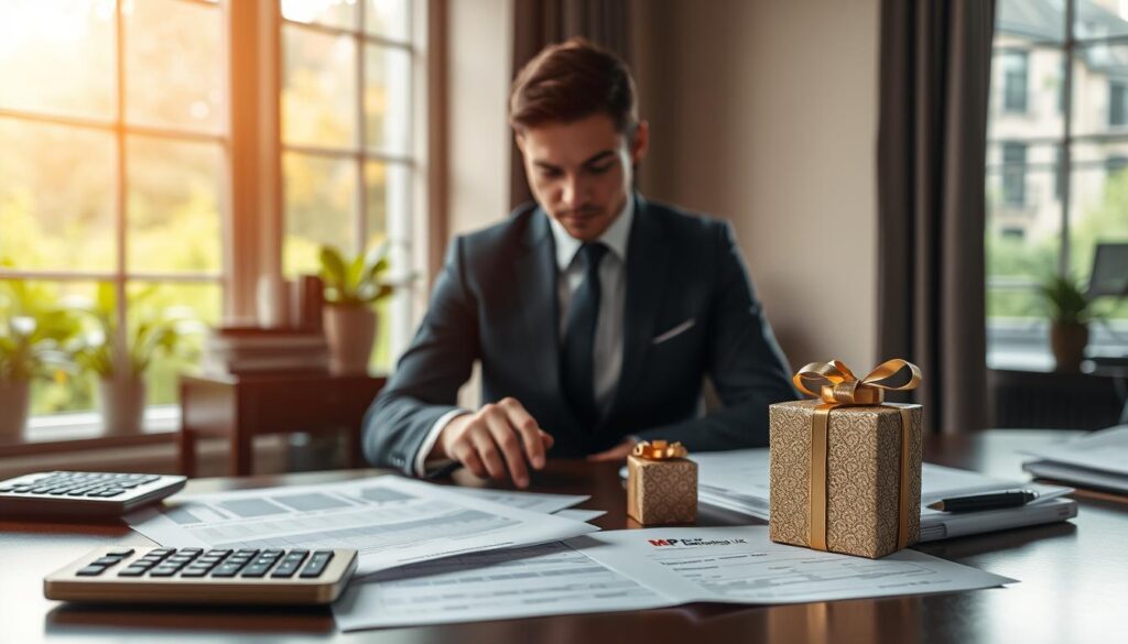 A sophisticated office setting representing the implications of the Pre-Owned Asset Tax (POAT) on gifting assets. In the foreground, a neatly arranged desk with a detailed financial report, a calculator, and a small, ornate gift box. In the middle, a professional individual in business attire, focused intently on the documents, symbolizing thoughtful consideration before gifting. The background features a large window, allowing soft, natural light to flood the room, creating a warm and inviting atmosphere. Outside the window, a glimpse of green gardens, symbolizing growth and wealth. The overall mood is one of contemplation and professionalism, emphasizing the significance of tax implications in asset gifting. Include the brand name "MP Estate Planning UK" subtly displayed on the desk.