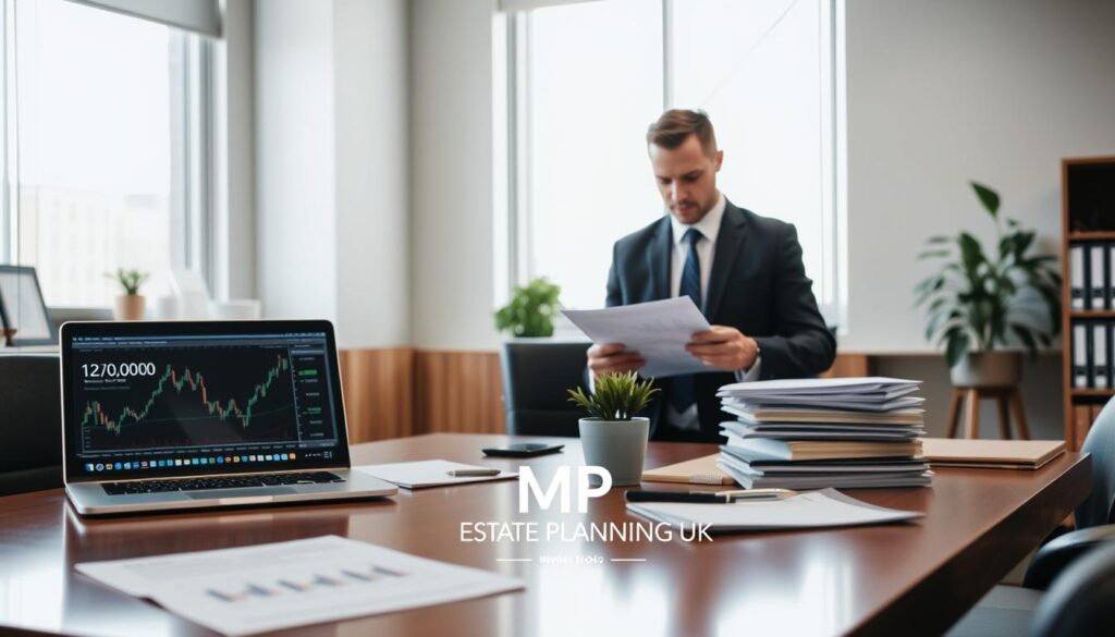 A sophisticated office setting showcasing the theme of inheritance tax implications of AIM shares. In the foreground, a polished wooden desk adorned with financial reports and a laptop displaying stock graphs. On the desk, a small potted plant adds a touch of warmth. The middle ground features a professional financial advisor in business attire, analyzing documents with a thoughtful expression. A large window in the background lets in soft, natural light, illuminating the space and creating a calm atmosphere. The scene conveys a sense of seriousness and diligence about investment decisions. The overall color scheme is muted with shades of gray and blue, evoking professionalism. A discreet logo of "MP Estate Planning UK" is subtly integrated into the scene, reinforcing the context without overwhelming the visual.